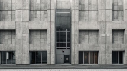 Concrete architectural facade of grey brutalist architecture exterior at day using generative AI