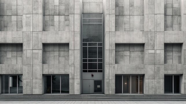Concrete architectural facade of grey brutalist architecture exterior at day using generative AI