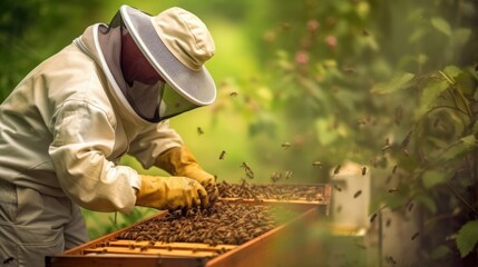 beekeeper tending to a beehive generative ai - obrazy, fototapety, plakaty