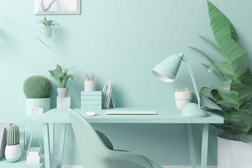 pastel green monochromatic desk with a plant pot for an office. For a desk and workspace, keep it simple. Idea of working from home while staying at home. mockup model,. Generative AI