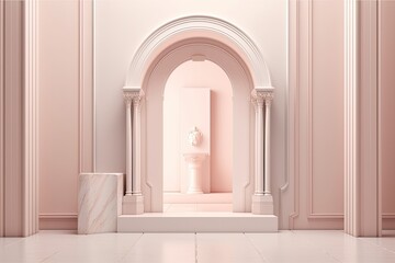 podium, stand, and showcase with a door for a luxury product on a pastel colored, abstract background. a luxurious setting for product and item advertisement. Graphic design and Generative AI