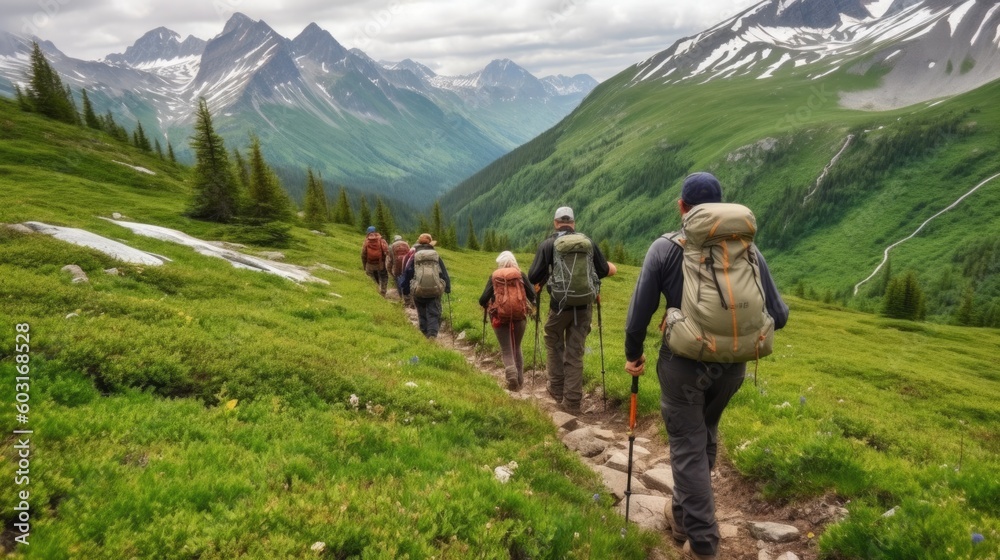 Wall mural mountain guide leading a group of hikers generative ai