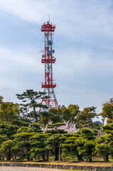 Communication Tower and cityscape viewed from Tamamo Park, or Takamatsu Castle Park in Takamatsu city, Kagawa Prefecture, Japan