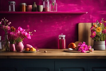 picture of a kitchen room with viva magenta wall paneling, a wooden shelf, and flowers. Generative AI