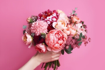 Female hand holds a bouquet of flowers from peonies, carnations and eucalyptus on a pink background close-up, created with Generative AI technology.