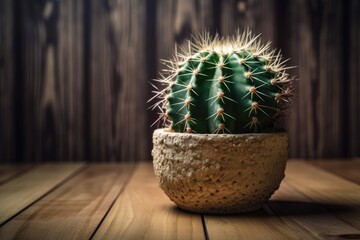 Placed on a wooden table is a cactus plant. Generative AI