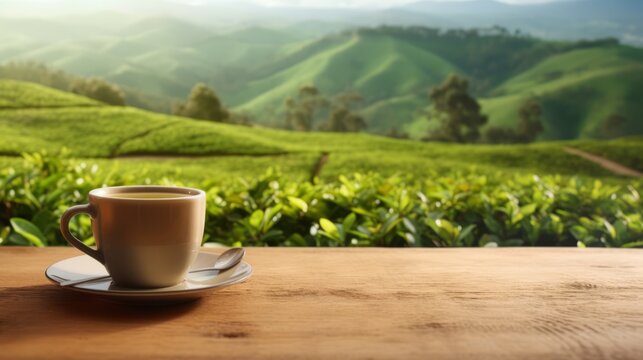 Tea cup with on the wooden table and the tea plantation. Generative AI