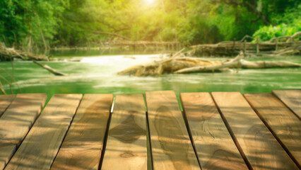 Empty wooden surface against  lagoon the forest  background , display podium for product mockups 3d trade show display advertising, Natural blurred defocused background