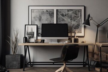 Picture frame and a desktop workspace with a blank computer screen are in a home office room. Reminding example. Generative AI