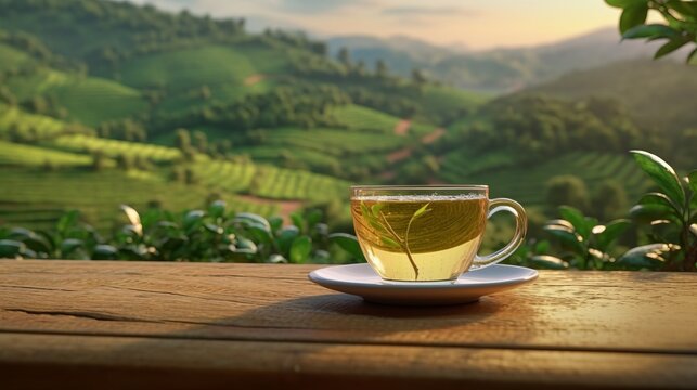 Tea cup with on the wooden table and the tea plantation. Generative AI