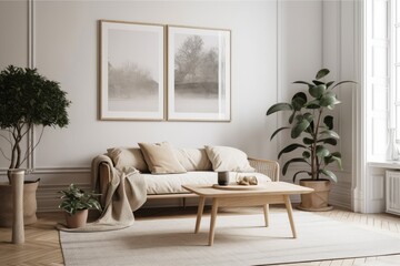 Poster, wall mockup of a Scandinavian styled room in beige with a white sofa, a wooden table, and plants. Generative AI