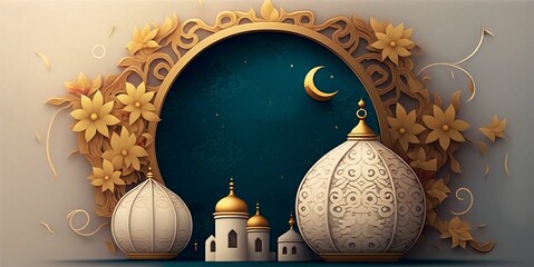 Elegant Islamic background with magnificent mosque and Crescent moon, create with generative AI.