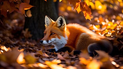 A cute fox resting in the leaves, generative AI