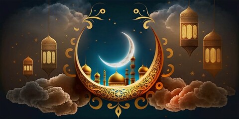 Elegant Islamic background with shining lantern and Crescent moon, create with generative AI.