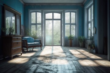 Renovation of a rustic blue country living room in the form of a cottage, with large period windows, grass, blue flowers, and a flood of sunlight. Generative AI