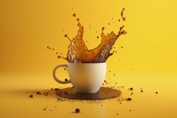 Mug with coffee splashing on yellow background, cup with coffee, Generative AI
