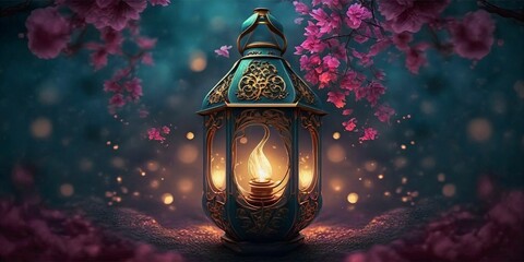 Islamic background in digital painting style with free space for your words and shining lantern, create with generative AI.