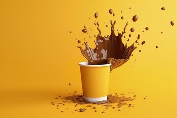 Paper cup with coffee splashing on yellow background, Generative AI