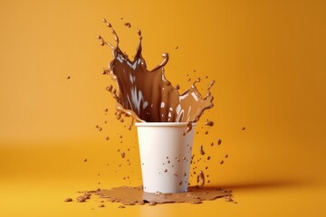 White paper cup with coffee splashing on yellow background, Generative AI