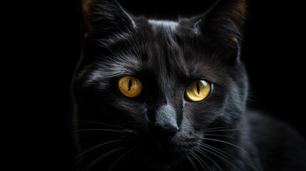 A black cat with yellow eyes staring generative ai