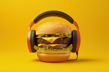 Hamburger with headphone isolated on yellow background, headphone over hamburger, Generative AI