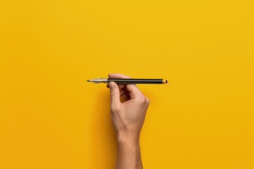Hand with pen isolated on yellow background, hand writing with pen, Generative AI