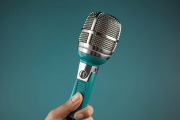 Hand holding microphone isolated on blue background, Generative AI