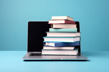 Laptop with books stacked on top of the keyboard, blue background, stack of books, Generative AI