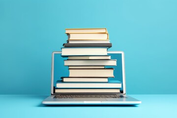 Laptop with books stacked on top of the keyboard, blue background, stack of books, Generative AI