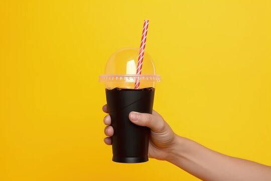 Hand holding plastic cup with soda and drinking straw on yellow background, Generative AI