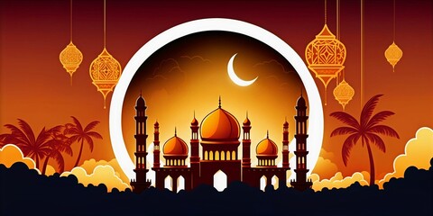 Islamic background in digital painting style with free space for your words and magnificent mosque, create with generative AI.