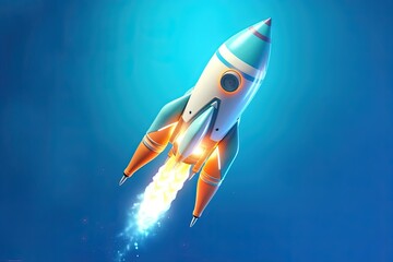 Naklejka na ściany i meble Rocket taking off, isolated on blue background, startup concept, Generative AI
