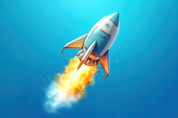 Rocket taking off, isolated on blue background, startup concept, Generative AI