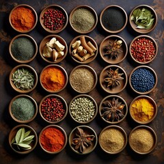 Top view of a neatly arranged assortment of spices in small bowls.