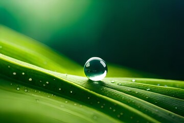 Hyper-realistic macro shot of Dewdrop on the leaf, which reflects the sprout, cinematic lighting, impeccable detail.