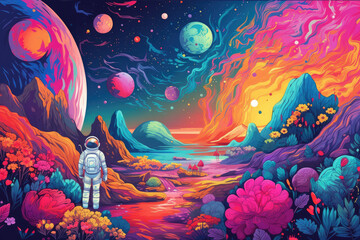 Obraz na płótnie Canvas the little astronaut is standing near planets, in the style of hypercolorful dreamscapes, generative AI