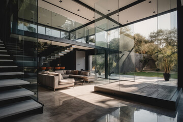 Beautiful house with a minimal sleek design with sliding glass doors showing an elegant interior, generative AI