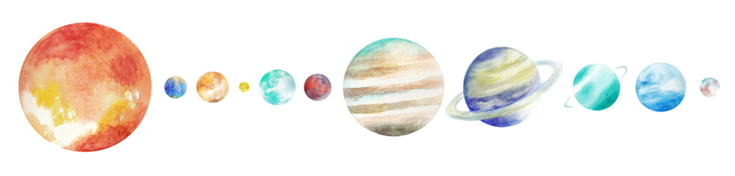 水彩で描いた地球、月、太陽、惑星のイラストセット　挿絵　背景イラスト