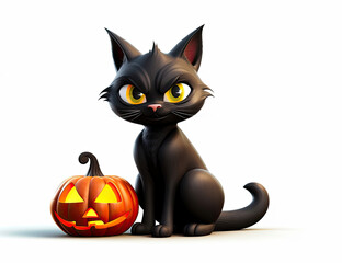 Fototapeta premium Black Cat Halloween Pumpkin, Jack o Lantern, Witch, Spooky, Fall, Autumn. Wall Art. Halloween Resource. Generative AI