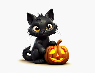 Black Cat Halloween Pumpkin, Jack o Lantern, Witch, Spooky, Fall, Autumn. Wall Art. Halloween Resource. Generative AI