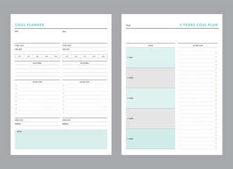 set of 5 years Goal planner. Minimalist planner template set. Vector illustration.
