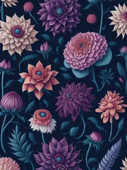 Fotobehang Generative AI, Beautiful floral design, wallpaper art, dahlias and botanical flowers on dark background © BWVisual