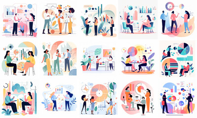 Set of business illustrations with businesspeople interacting created with generative AI technology