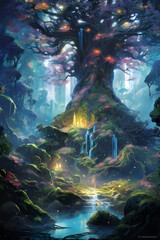 A mystical landscape in a fantasy realm, showcasing vibrant and surreal elements that transport viewers to a realm of wonder and imagination. Generated by AI.