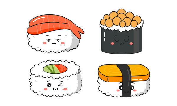 Various kawaii Sushi, rolls, nigiri. Japanese cartoon style