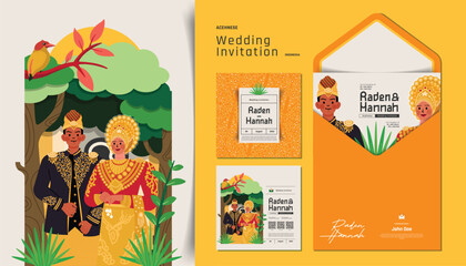 Acehnese Indonesian Traditional Wedding package invitation with flat style colorful design illustration
