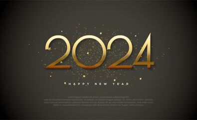Happy new year 2024 with luxurious and elegant gold numbers. Dark black background with diffused glitter. Premium vector design for banners, posters, newsletters and other purposes.