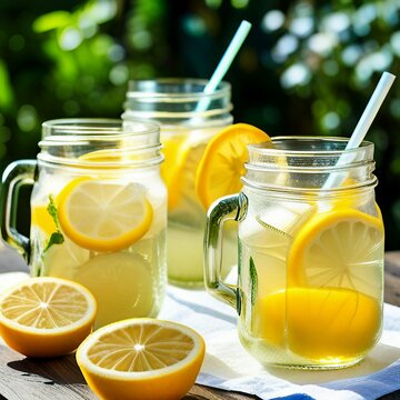 glasses of lemonade with lemon in natural background generative AI