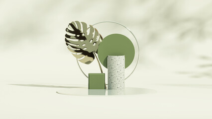 3D podium display with monstera deliciosa and frosted glass copy space. Minimal pastel background with pedestal, green plant leaves. Trendy natural product promotion banner. Simple tropical 3d render
