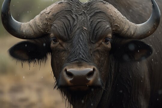 A buffalo with its formidable horns and piercing gaze, exuding strength and commanding presence. Generatvie AI